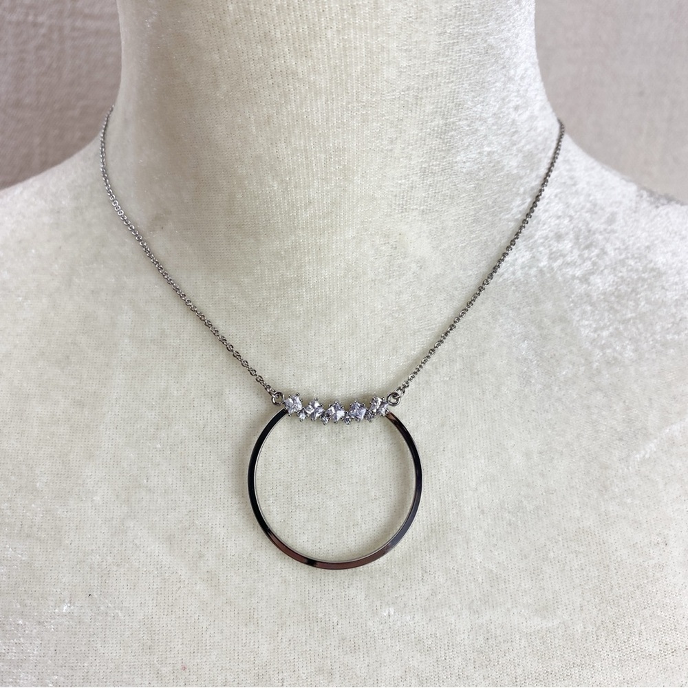 Express Silver tone Circle Pendant Necklace with Clear Rhinestones